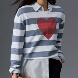 Anthropologie Sundry Cropped Crewneck Sweatshirt, Stripes & Heart - Womens Small